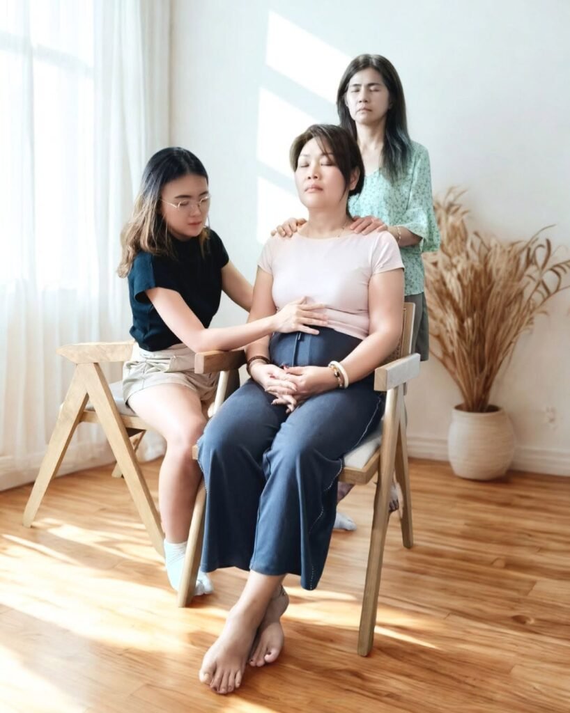 Angelic Reiki® 天使灵气课程实操练习，学员通过双手轻触，互相体验与学习天使灵气疗愈。
