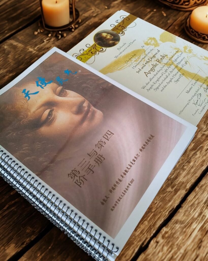 英国 Angelic Reiki® 天使灵气体系的课程讲义与文凭证书，展示专业疗愈与教学培训资料。