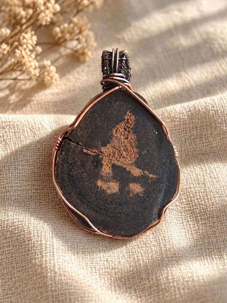 Handcrafted Malaysian wild sandalwood pendant with copper wire wrapping on natural linen
