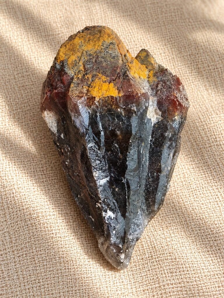 Natural Super 7 double-terminated raw crystal 超七双尖原石 with dark smoky tones and yellow mineral deposits, S7-03
