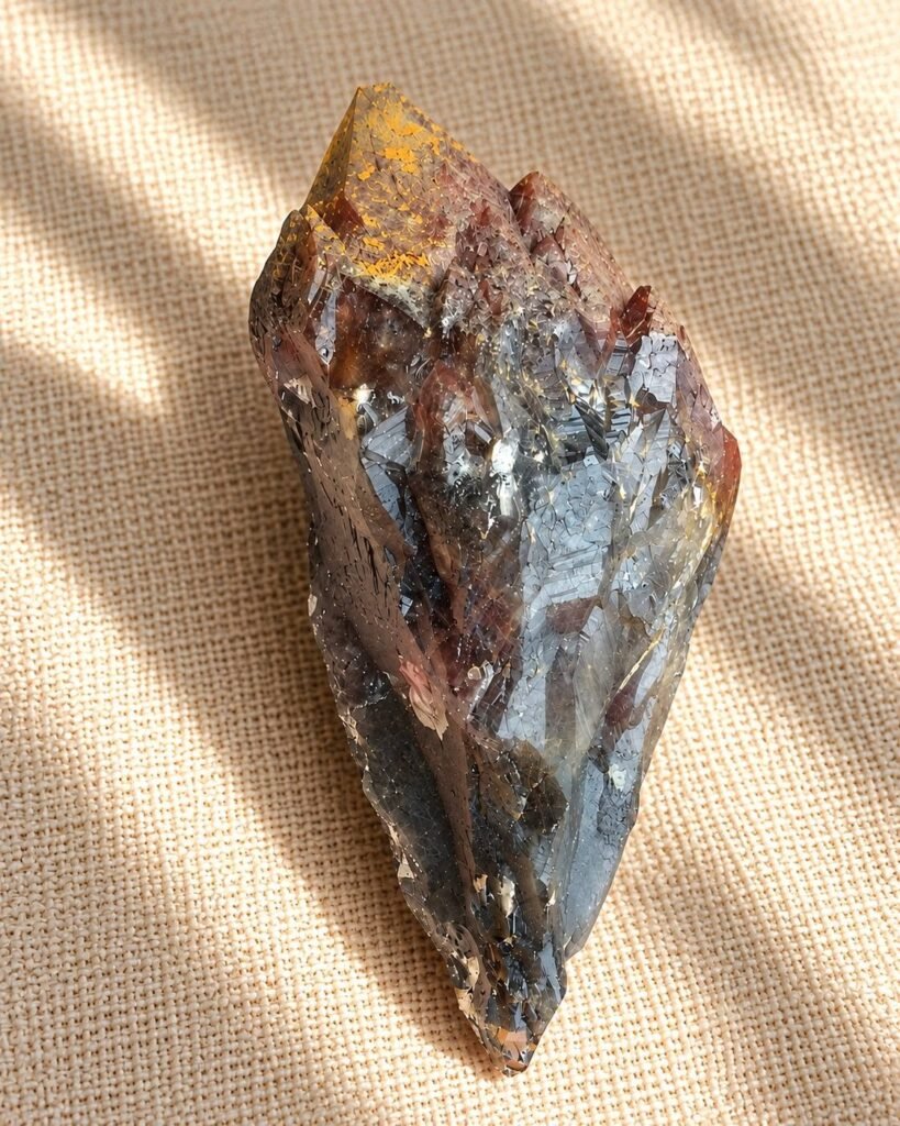 Natural Super 7 raw crystal 超七原石 with smoky translucent faces, reddish-brown tones, multiple crystal points and yellow mineral deposits – S7-04