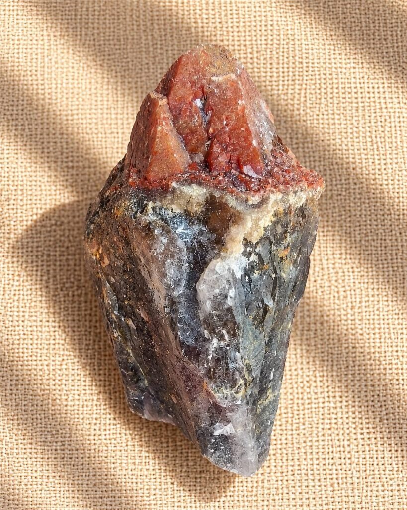 Natural Super 7 raw crystal 超七原石 S7-07 with reddish-brown crystal points, smoky-grey quartz and pale mineral layers